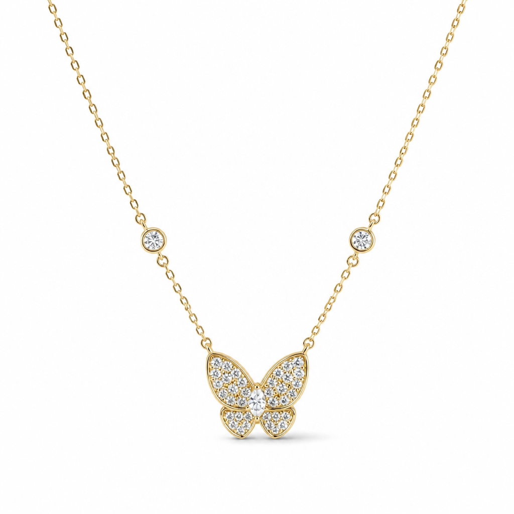 Sterling Silver Yellow Gold Plated Butterfly Necklace With Cubic Zirconia