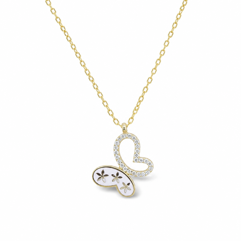 Sterling Silver Yellow Gold Plated Butterfly Necklace With Pink Enamel & Cubic Zirconia