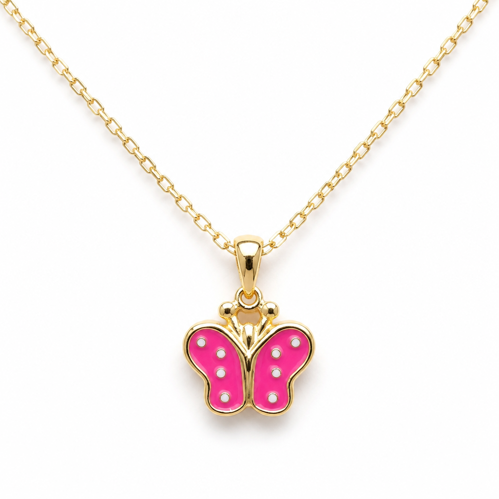 Sterling Silver Yellow Gold Plated Butterfly Necklace With Hot Pink Enamel