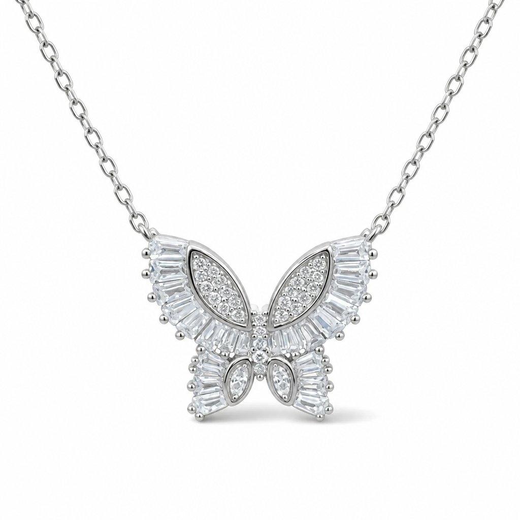 Sterling Silver Rhodium Plated Butterfly Necklace With Cubic Zirconia