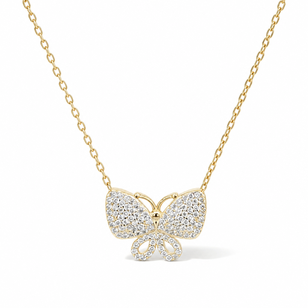 Sterling Silver Yellow Gold Plated Butterfly Necklace With Micropave Cubic Zirconia