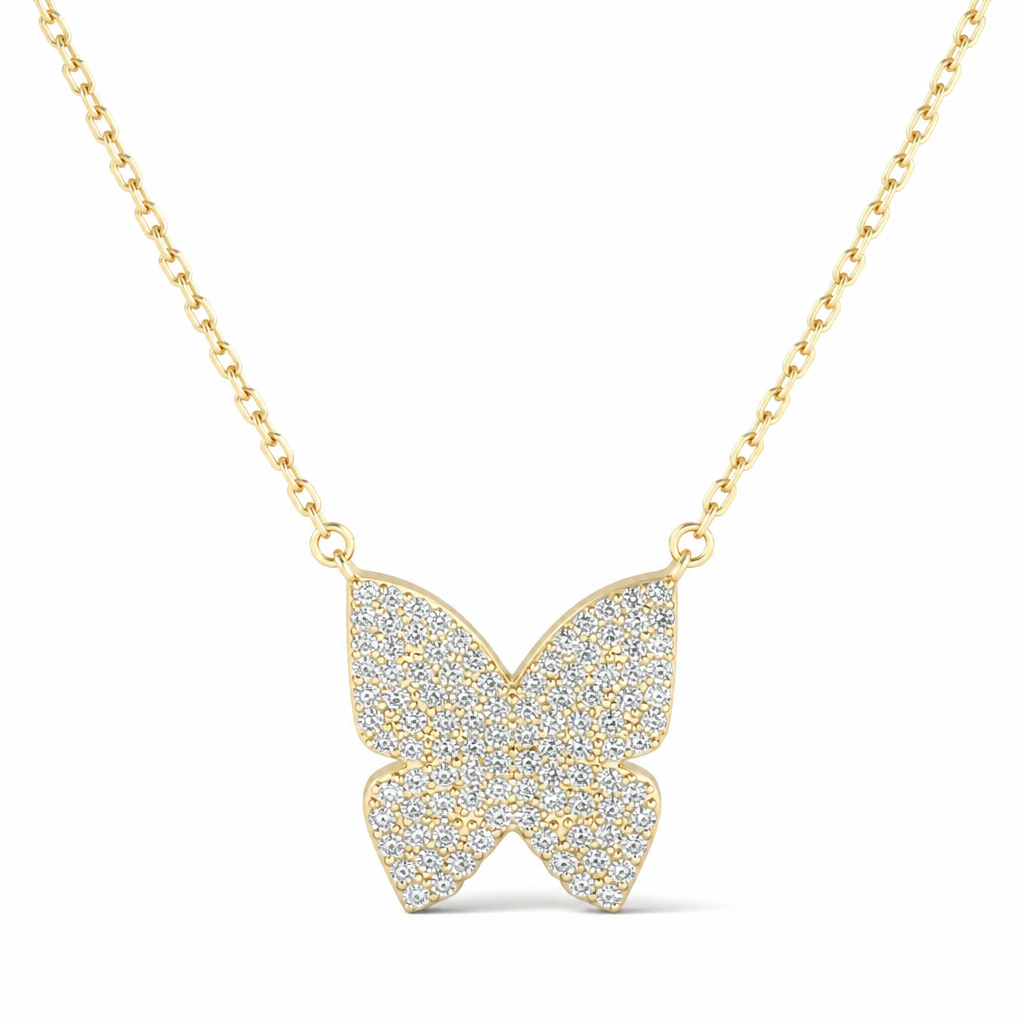 Sterling Silver Yellow & Rose Gold Plated Butterfly Necklace With Micropave Cubic Zirconia