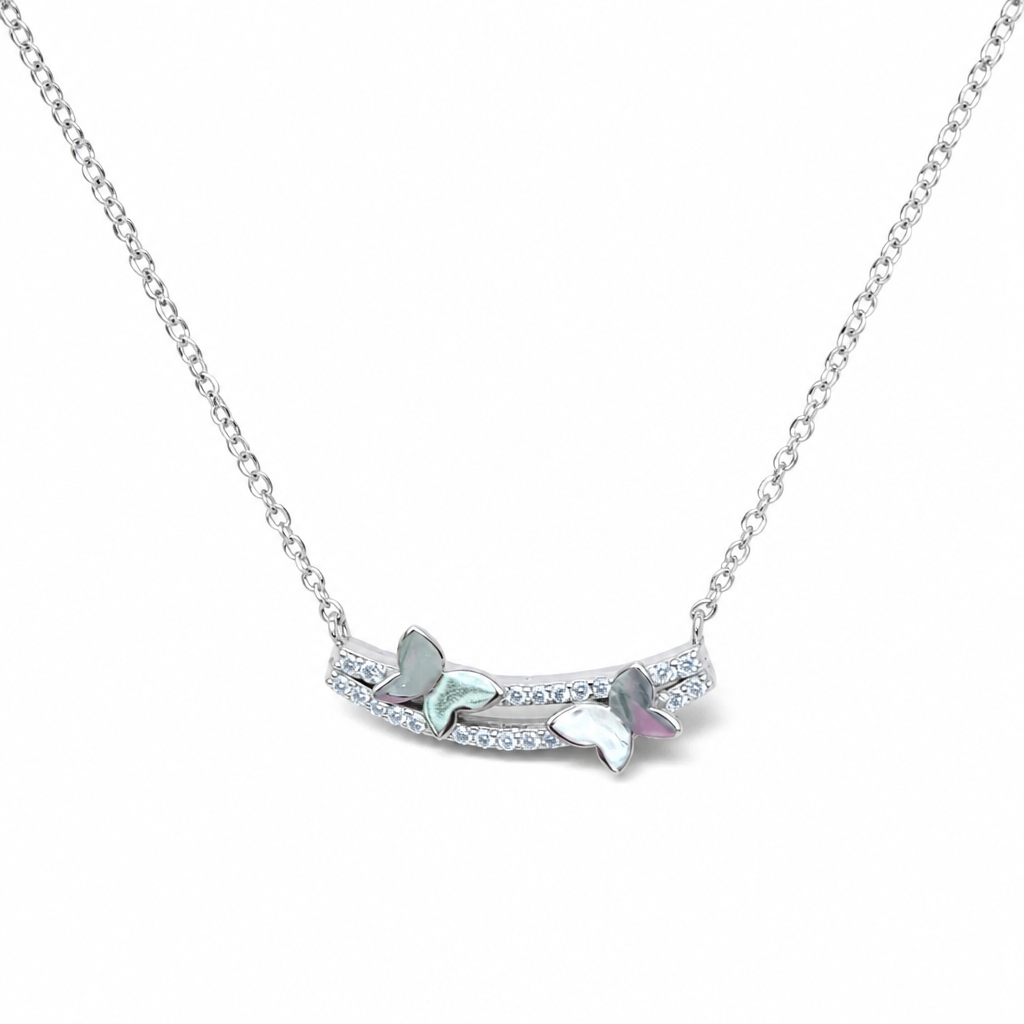 Sterling Silver Rhodium Plated Butterfly Bar Necklace With Cubic Zirconia