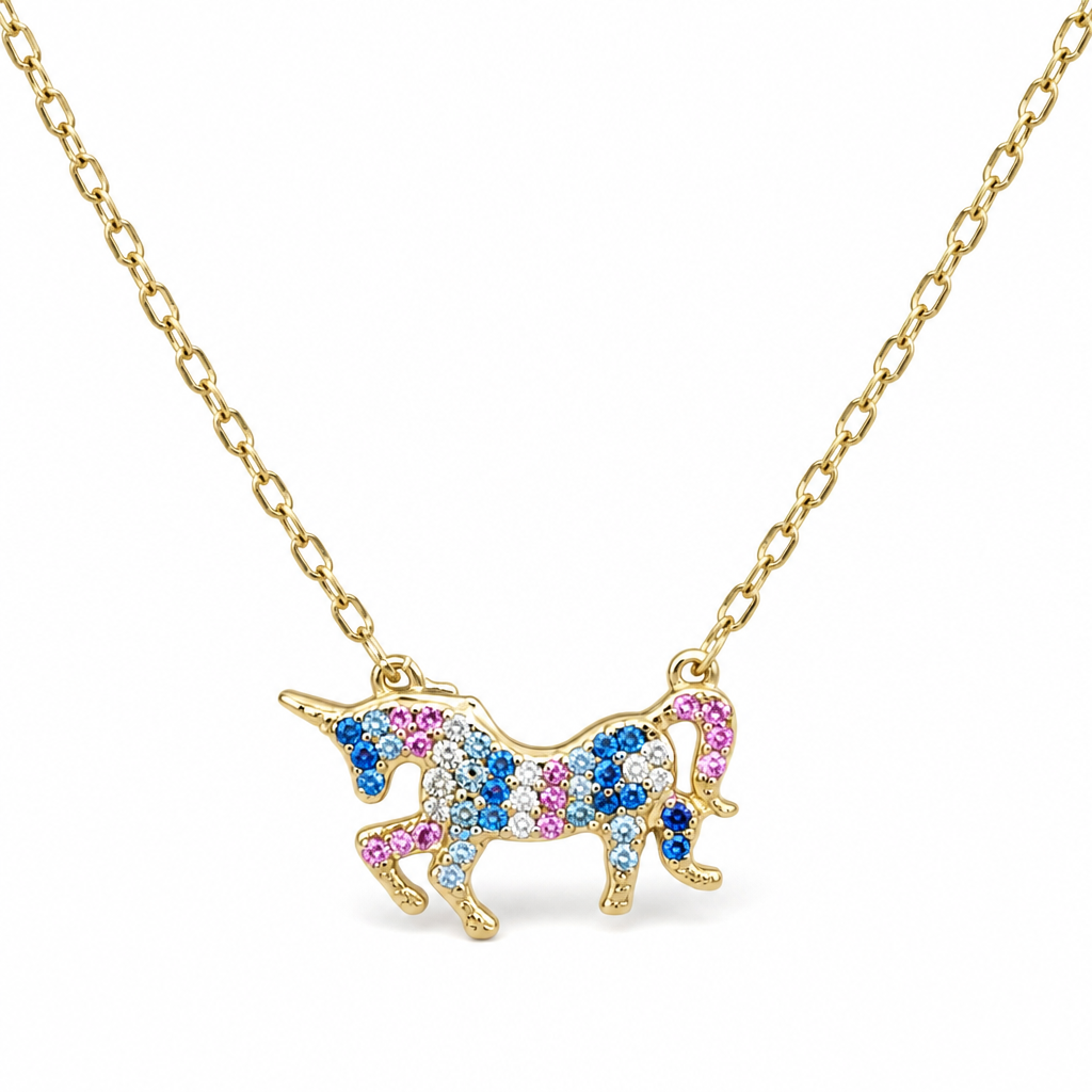 Sterling Silver Rhodium & Yellow Gold Plated Unicorn Necklace With Micropave Cubic Zirconia