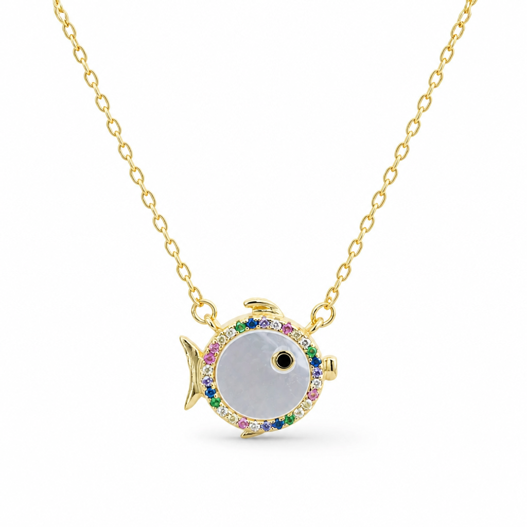 Sterling Silver Yellow Gold Plated Gold Fish Necklace With Mother Of Pearl & Cubic Zirconia