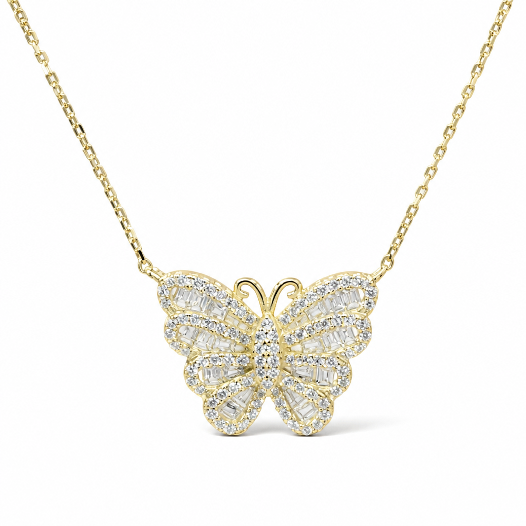 Sterling Silver Rhodium & Yellow Gold Plated Butterfly Necklace With Cubic Zirconia
