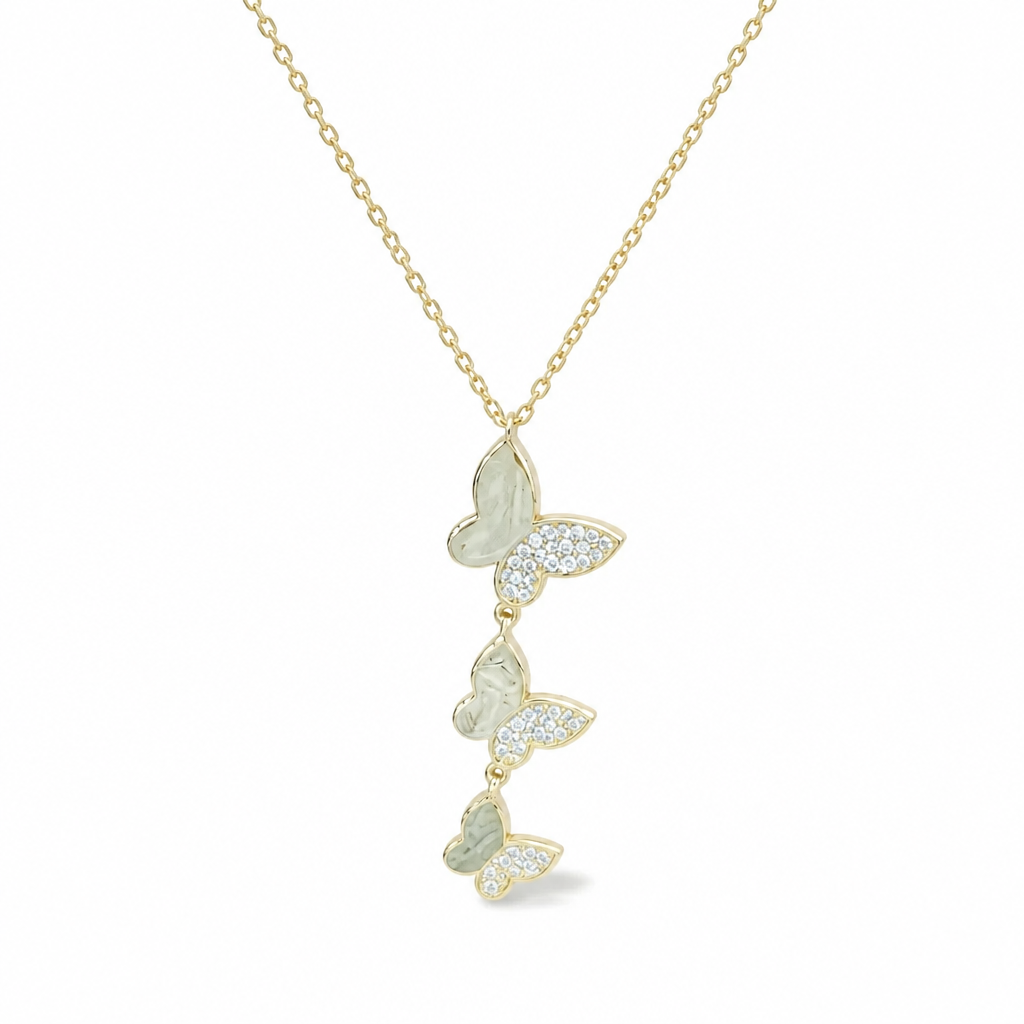 Sterling Silver Yellow Gold Plated Drop Butterfly Necklace With Cubic Zirconia