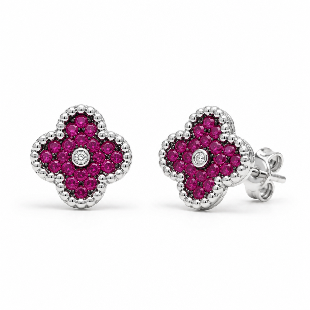 Sterling Silver Rhodium Plated Four Leaf Flower Design Push Back Studs With Cubic Zirconia