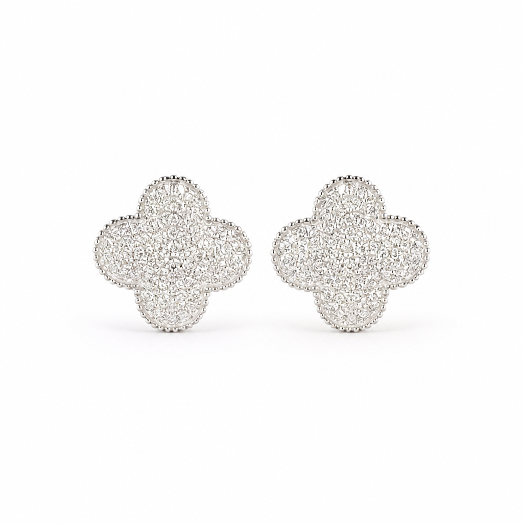 Sterling Silver Rhodium Plated Four Leaf Push Back Stud Earrings With Cubic Zirconia