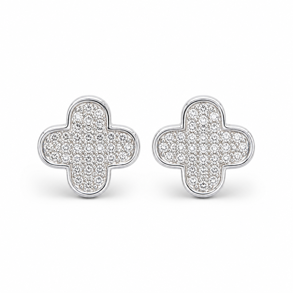 Sterling Silver Rhodium Plated Four Leaf Push Back Stud Earrings With Cubic Zirconia