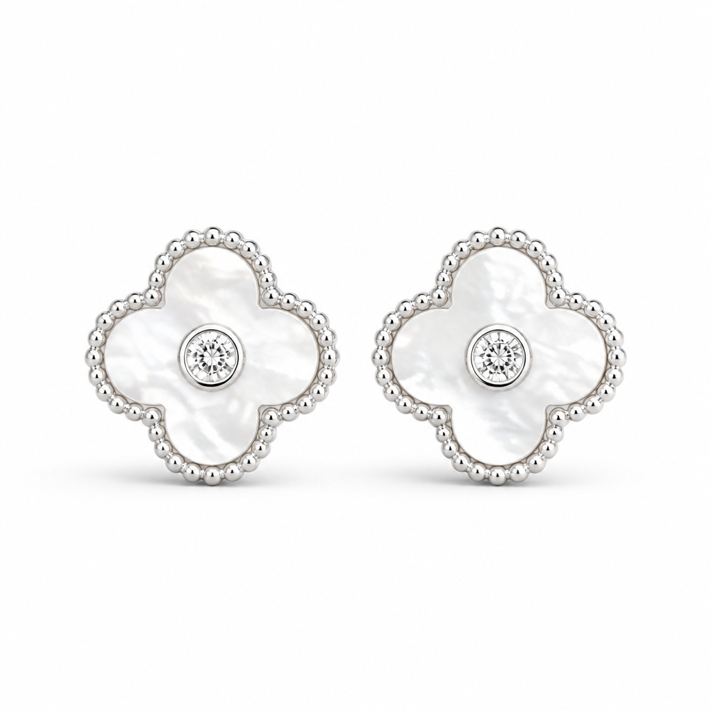 Sterling Silver Rhodium Plated Four Leaf Push Back Stud Earrings With Mother Of Pearl & Cubic Zirconia
