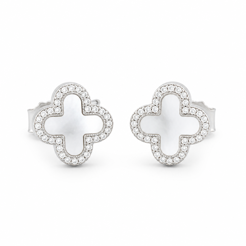 Sterling Silver Rhodium & Yellow Gold Plated Four Leaf Push Back Stud Earrings With Mother Of Pearl & Cubic Zirconia