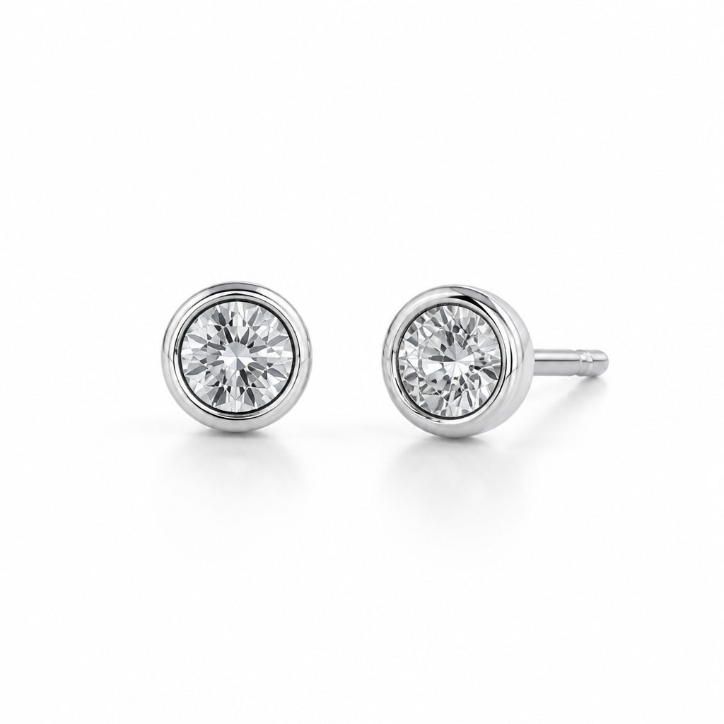 Sterling Silver Rhodium Plated 3mm Bezel Studs Pushback With Cubic Zirconia