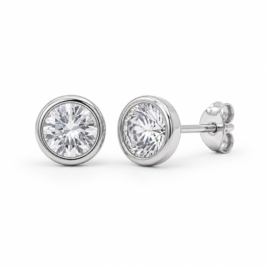 Sterling Silver Rhodium Plated 5mm Bezel Studs Pushback With Cubic Zirconia