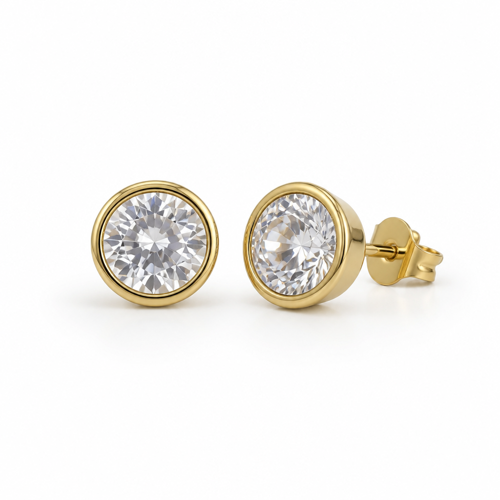 Sterling Silver Rhodium Plated 4mm Bezel Studs Pushback With Cubic Zirconia
