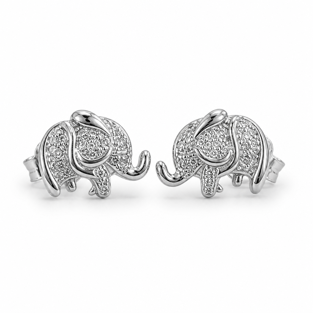Sterling Silver Rhodium Plated Elephant Pushback Stud Earrings With Cubic Zirconia