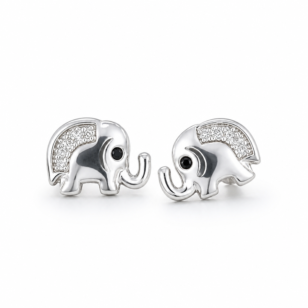Sterling Silver Rhodium Plated Elephant Pushback Stud Earrings With Cubic Zirconia