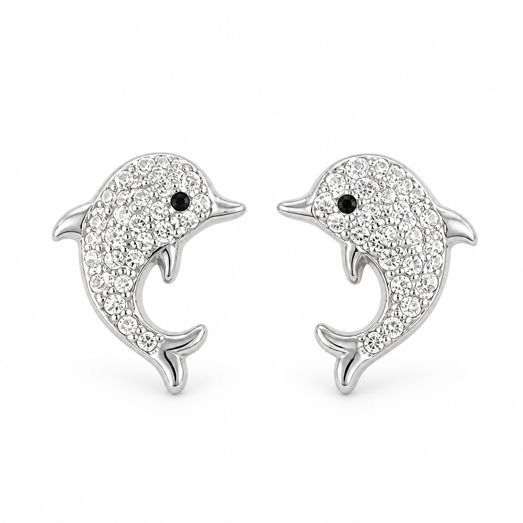 Sterling Silver Rhodium Plated Dolphin Pushback Studs With Cubic Zirconia