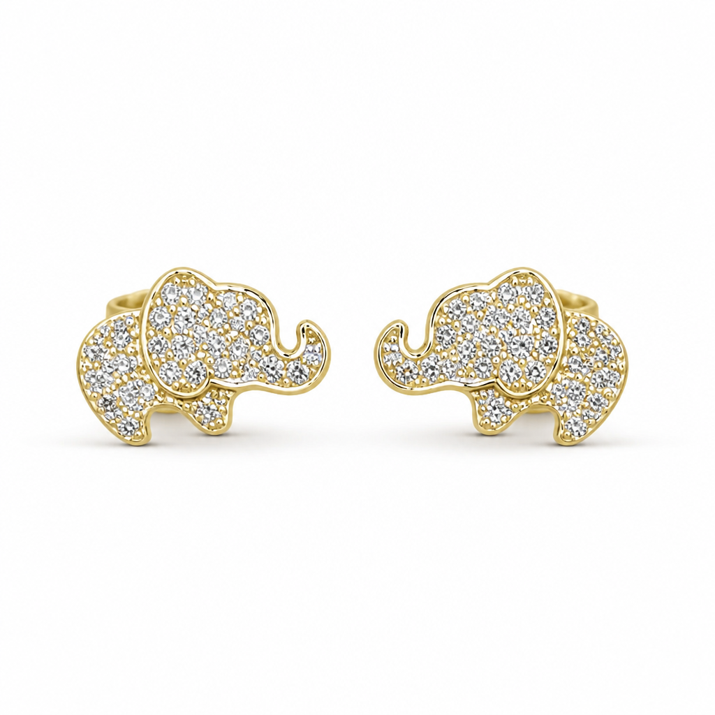 Sterling Silver Rhodium & Yellow Gold Plated Elephant Pushback Stud Earrings With Cubic Zirconia