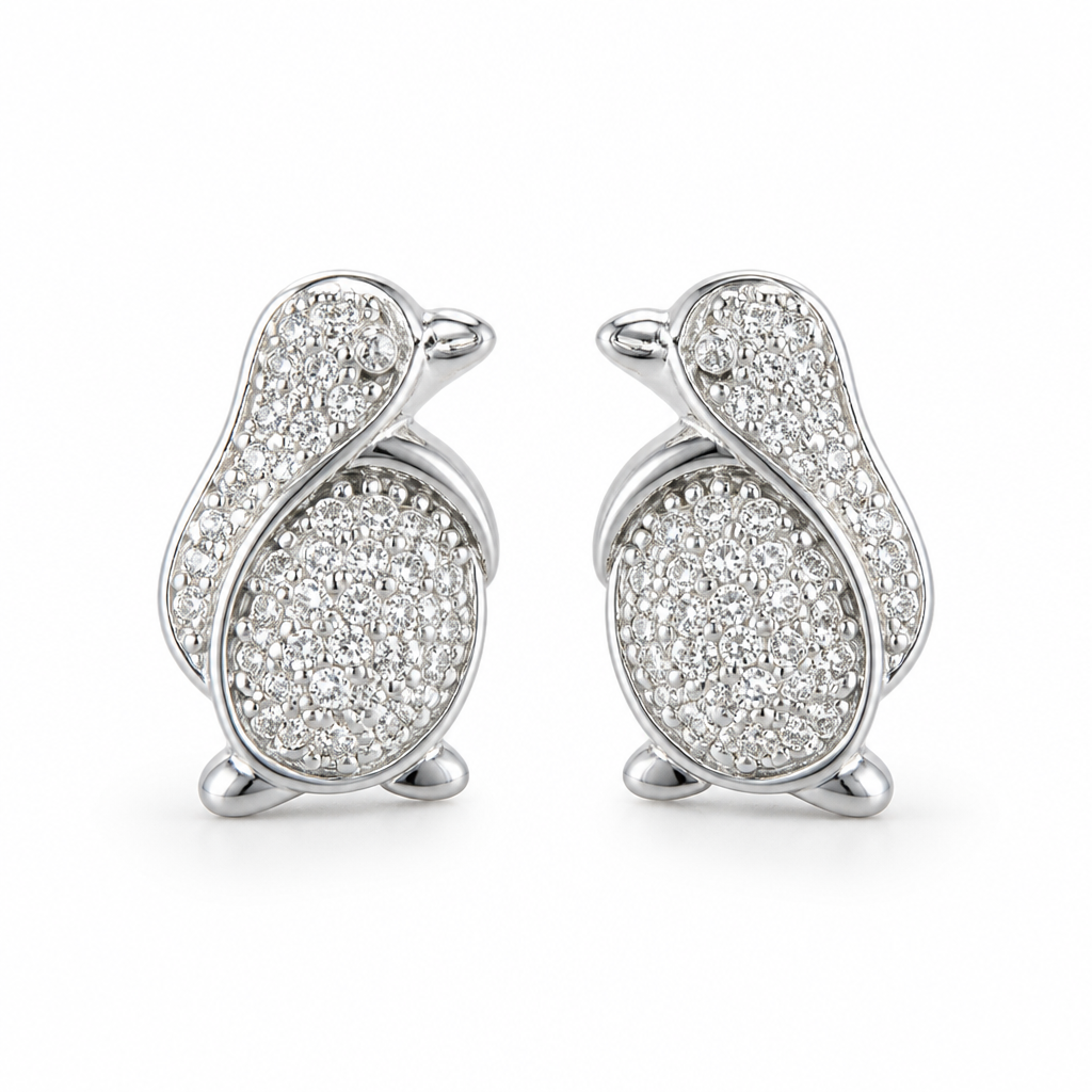 Sterling Silver Rhodium Plated Penguin Pushback Studs With Cubic Zirconia