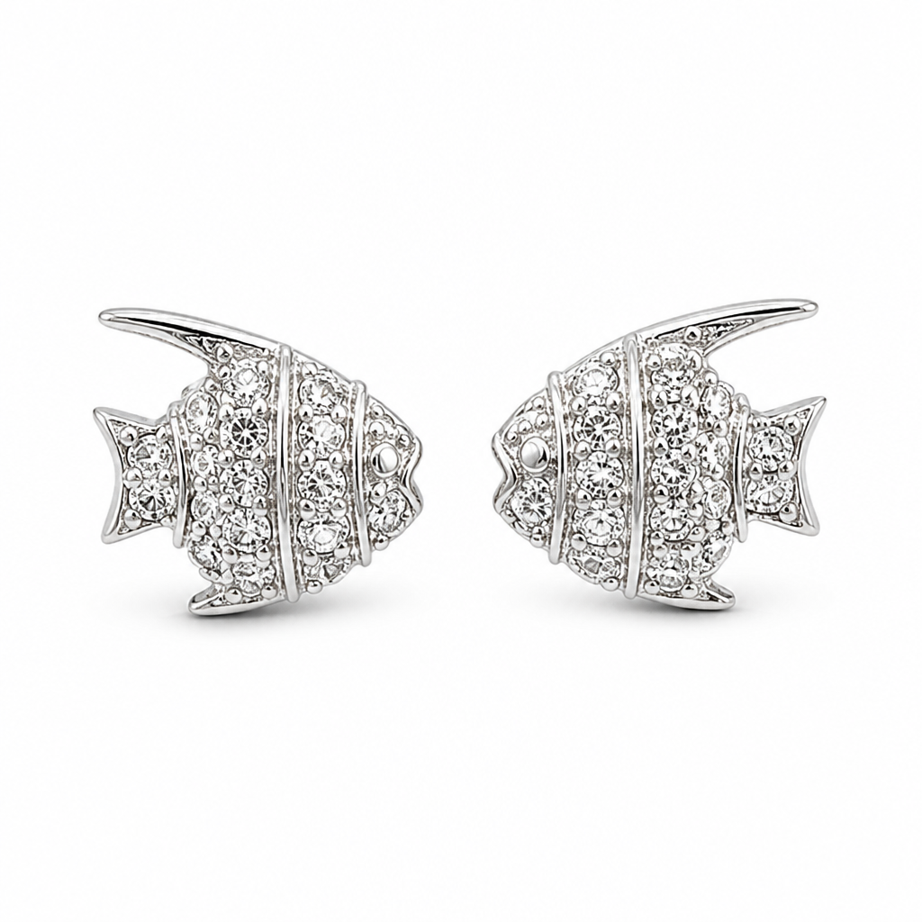 Sterling Silver Rhodium Plated Fish Pushback Studs With Cubic Zirconia
