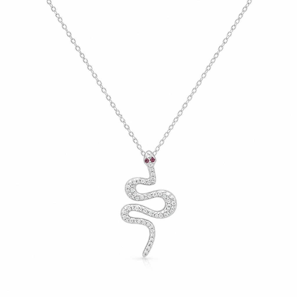 Sterling Silver Rhodium Plated Snake Necklace With Cubic Zirconia