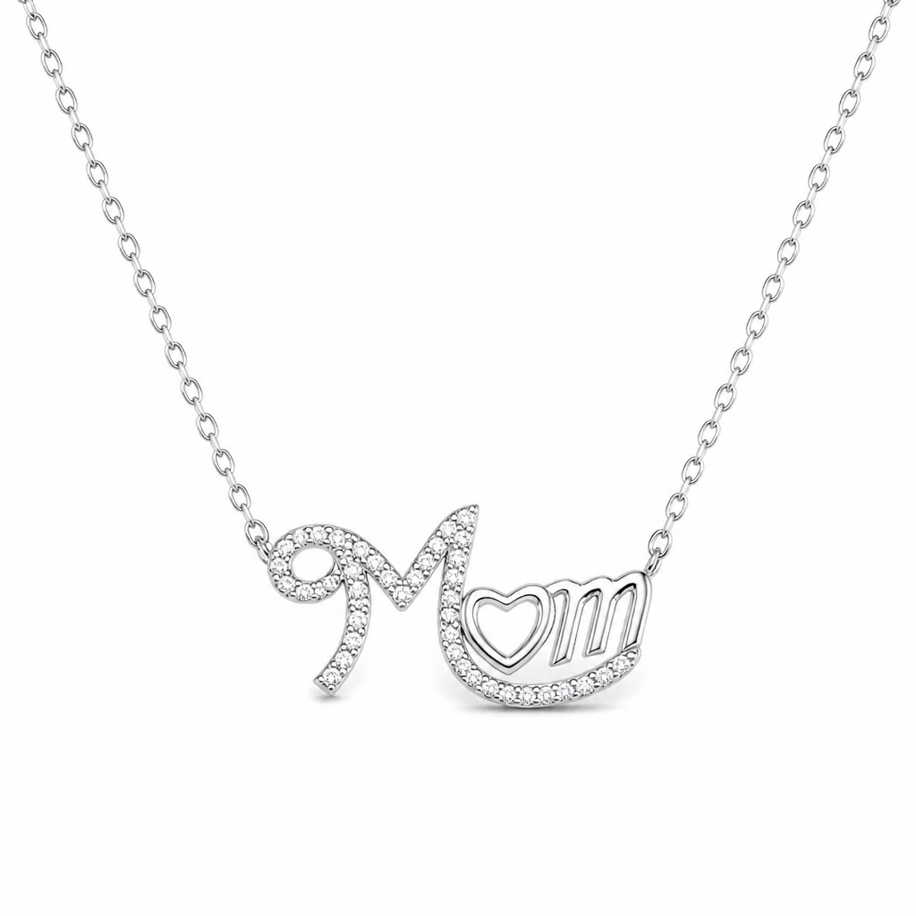 Sterling Silver Rhodium Plated Mom Necklace With Cubic Zirconia