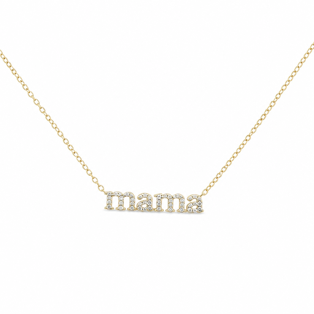Sterling Silver Yellow Gold Plated Mama Necklace With Cubic Zirconia