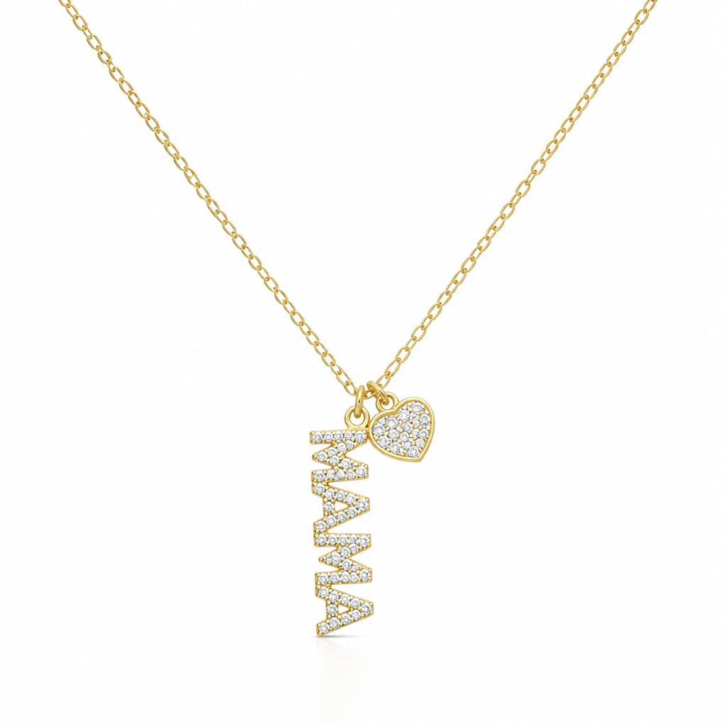 Sterling Silver Yellow Gold Plated Mama Necklace With Cubic Zirconia
