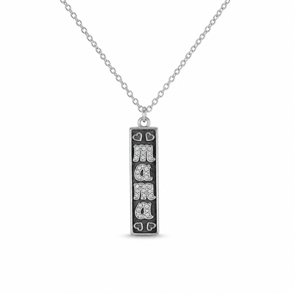 Sterling Silver Rhodium Plated Mama Necklace With Cubic Zirconia