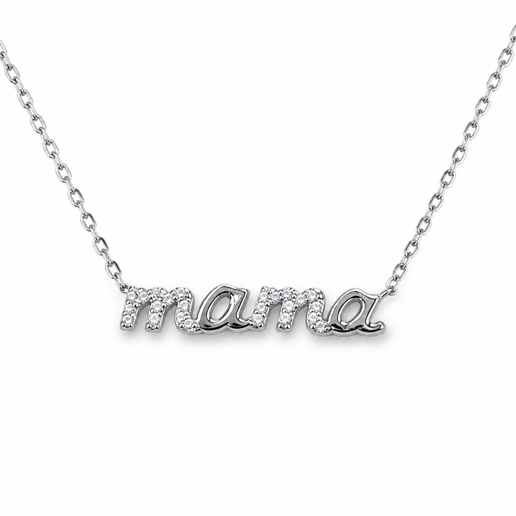 Sterling Silver Rhodium Plated Mama Necklace With Cubic Zirconia