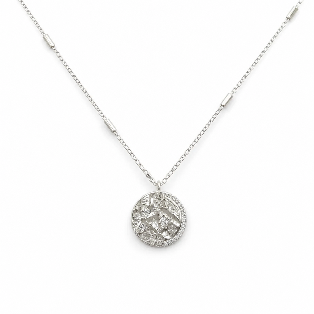 Sterling Silver Rhodium & Yellow Gold Plated Hammered Coin Necklace With Cubic Zirconia
