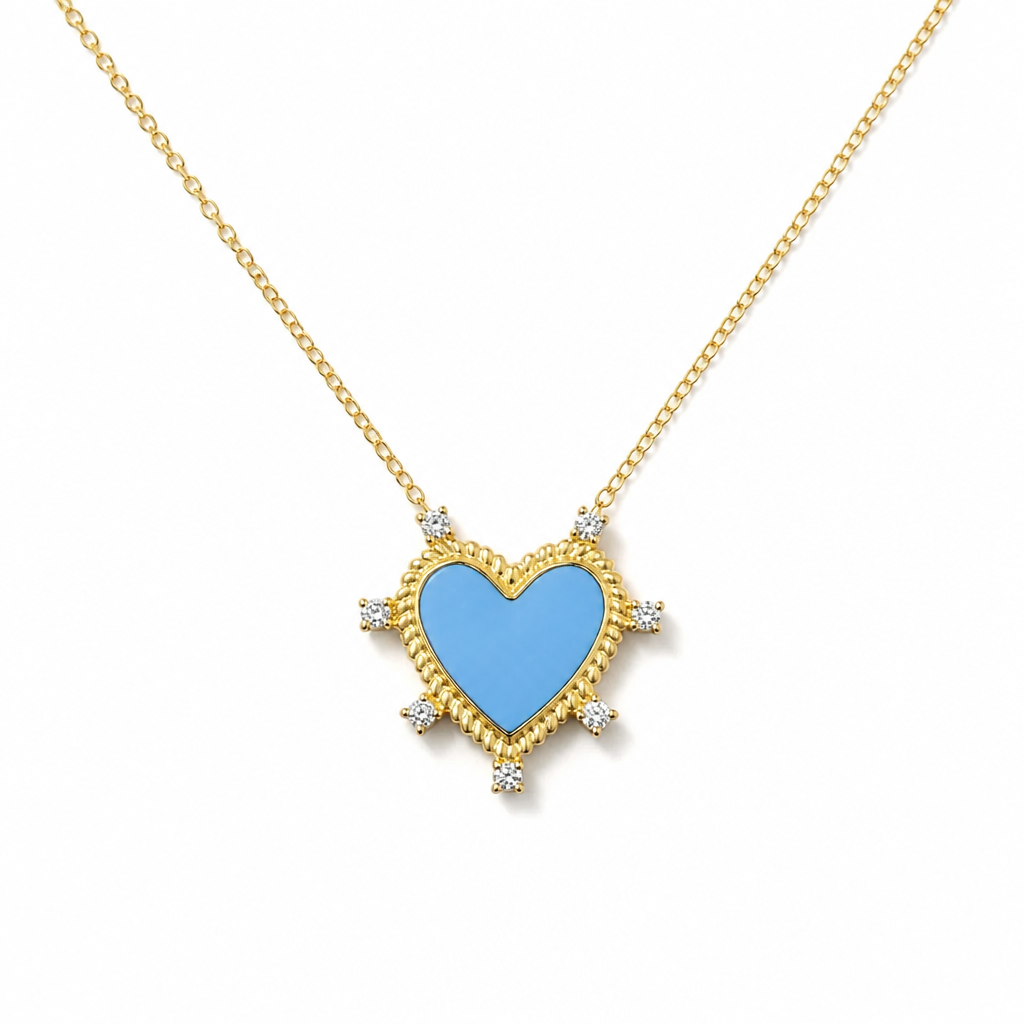 Sterling Silver Yellow Gold Plated Heart Necklace With Enamel & Cubic Zirconia