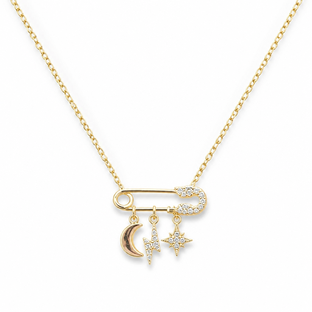 Sterling Silver Rhodium & Yellow Gold Plated Safety Pin Charm Necklace With Cubic Zirconia