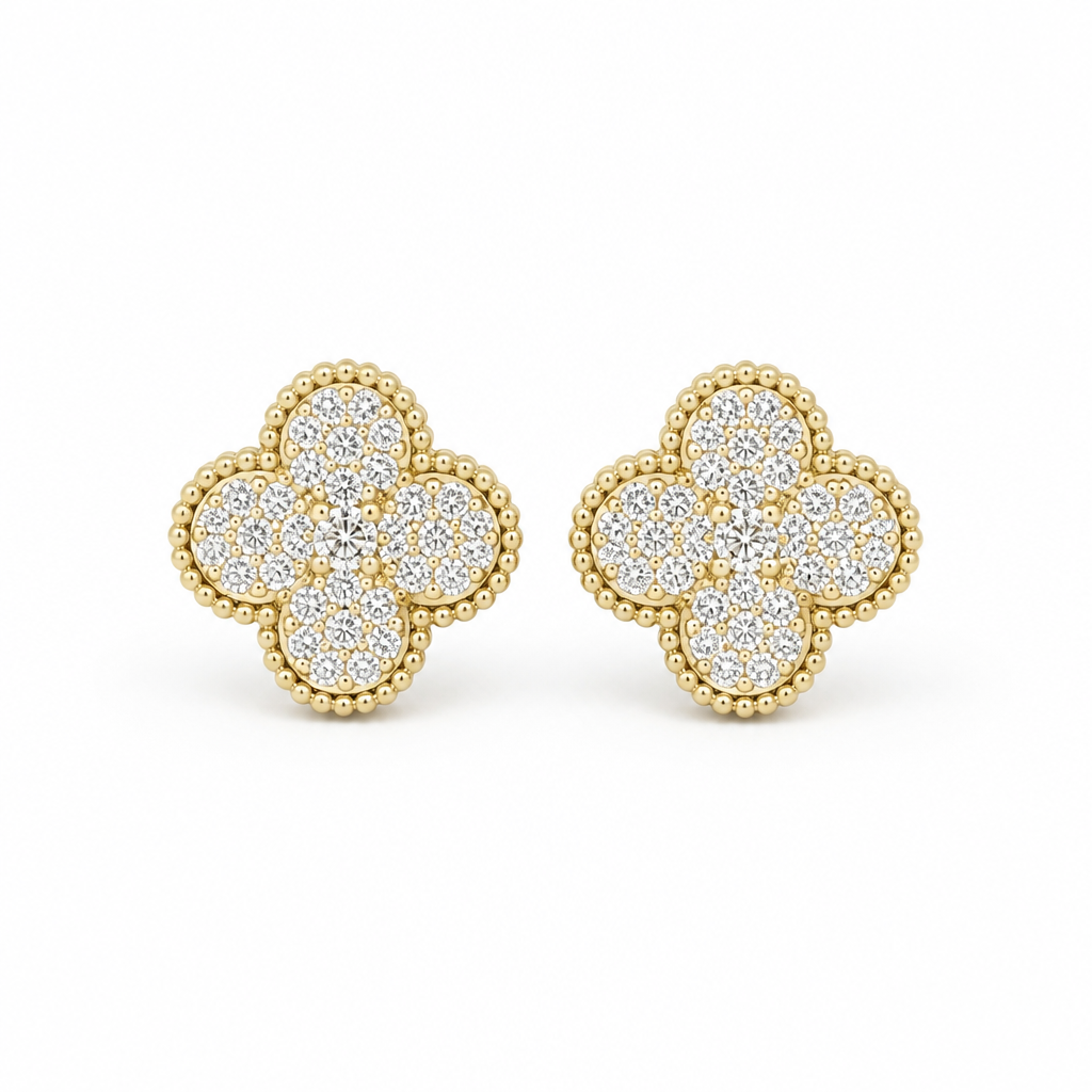 Sterling Silver Yellow Gold Plated Four Leaf Push Back Stud Earrings With Cubic Zirconia