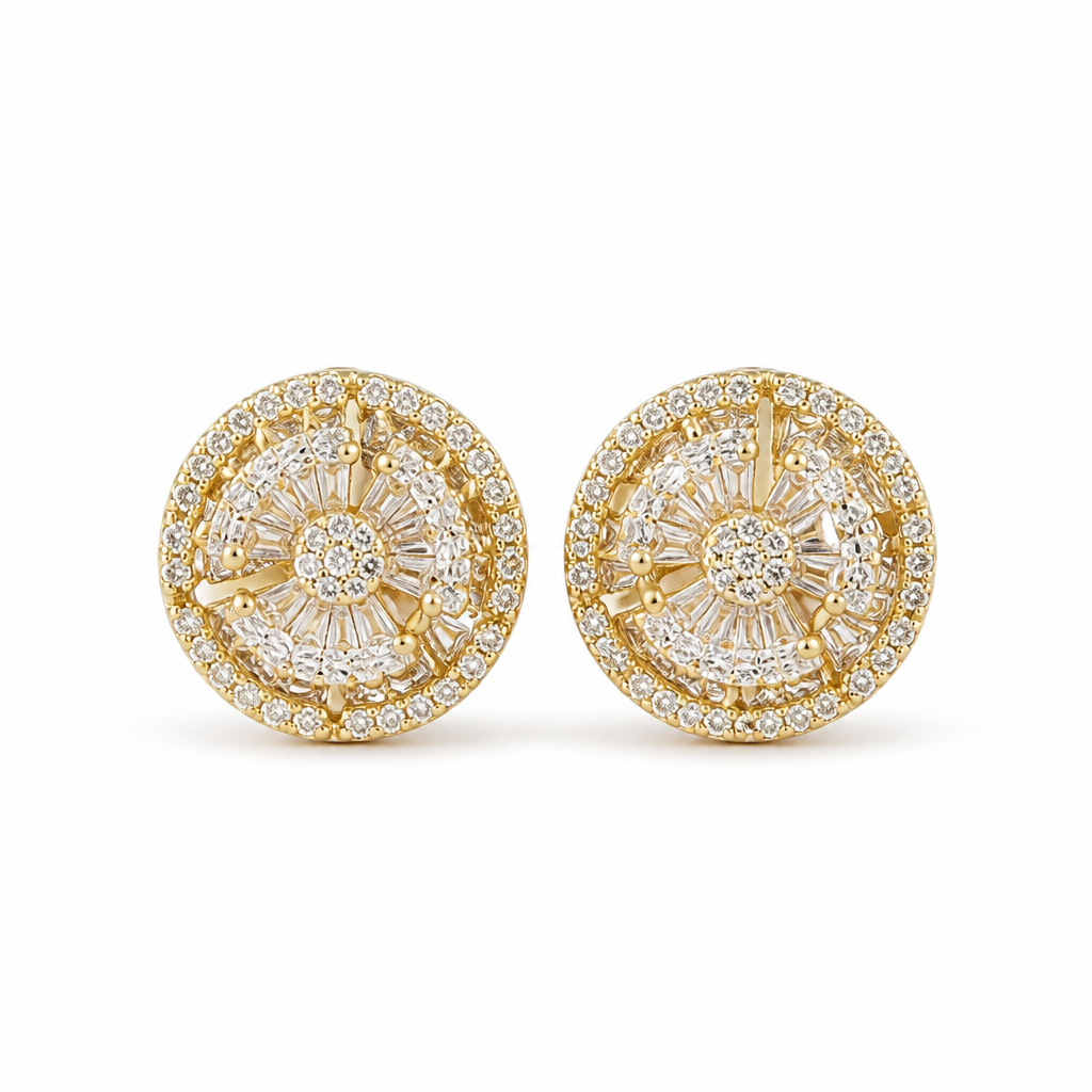 Sterling Silver Yellow Gold Plated Flower Push Back Stud Earrings With Cubic Zirconia