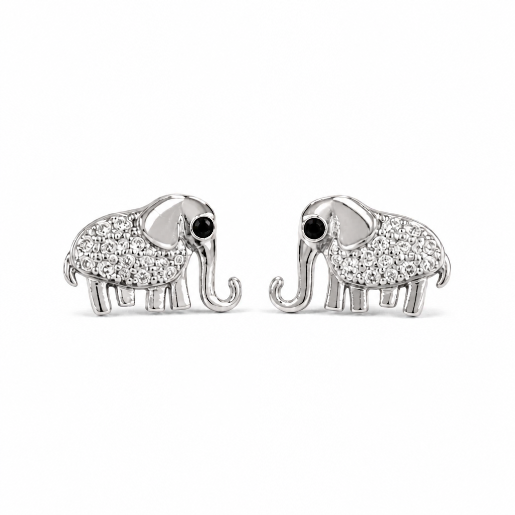 Sterling Silver Rhodium Plated Elephant Pushback Stud Earrings With Cubic Zirconia