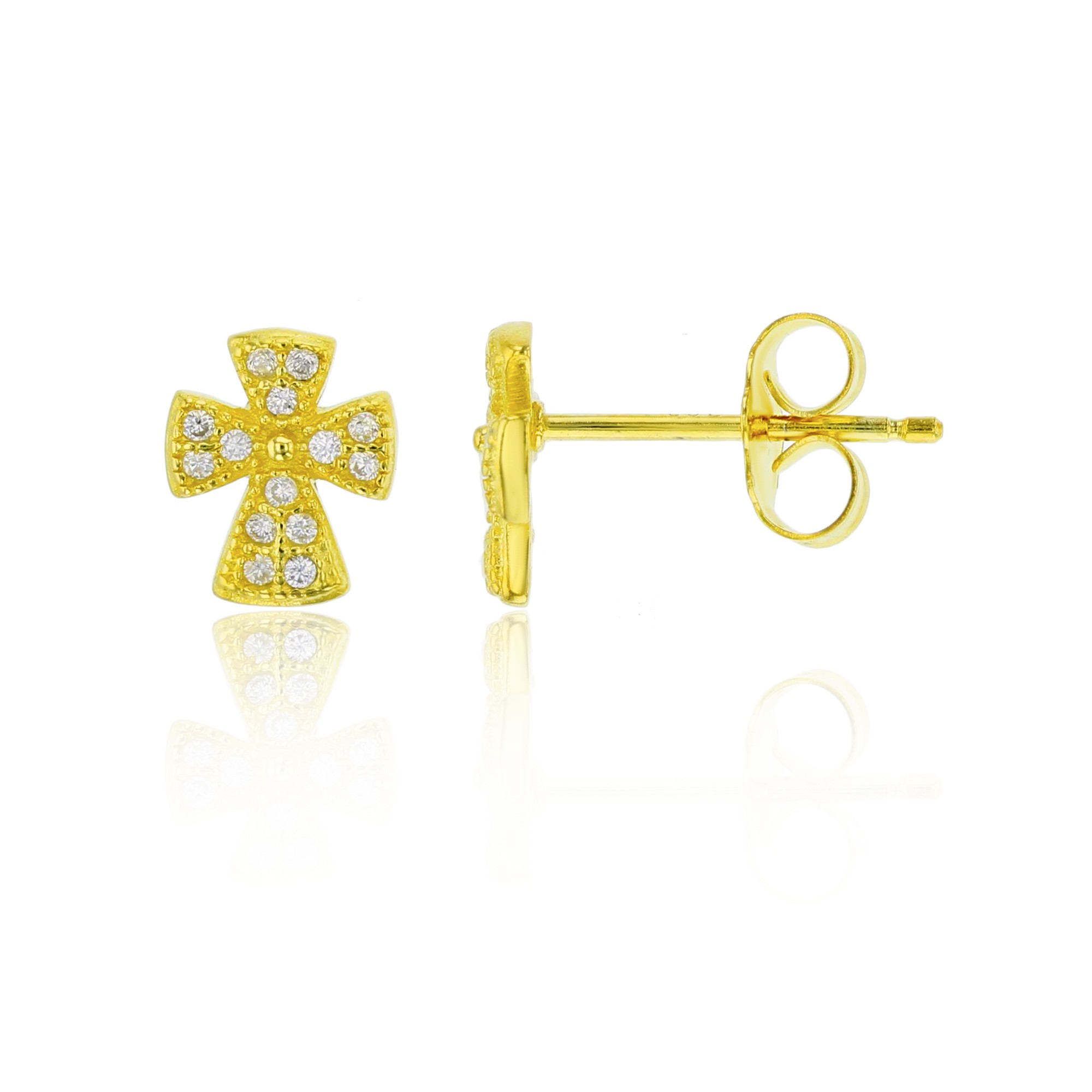 925 Sterling Silver Gold Tone Cross Stud Earrings With Cubic Zirconia