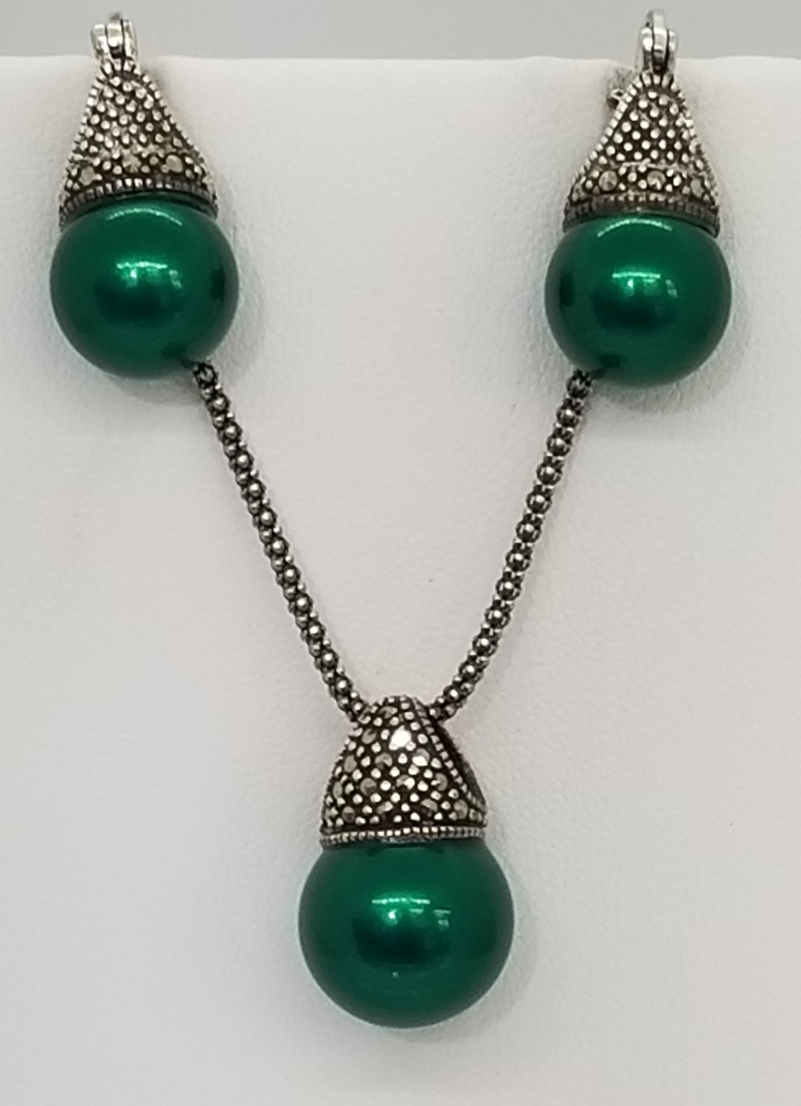 Sterling Silver Green Marcasite Pendant Necklace & Earrings Set 