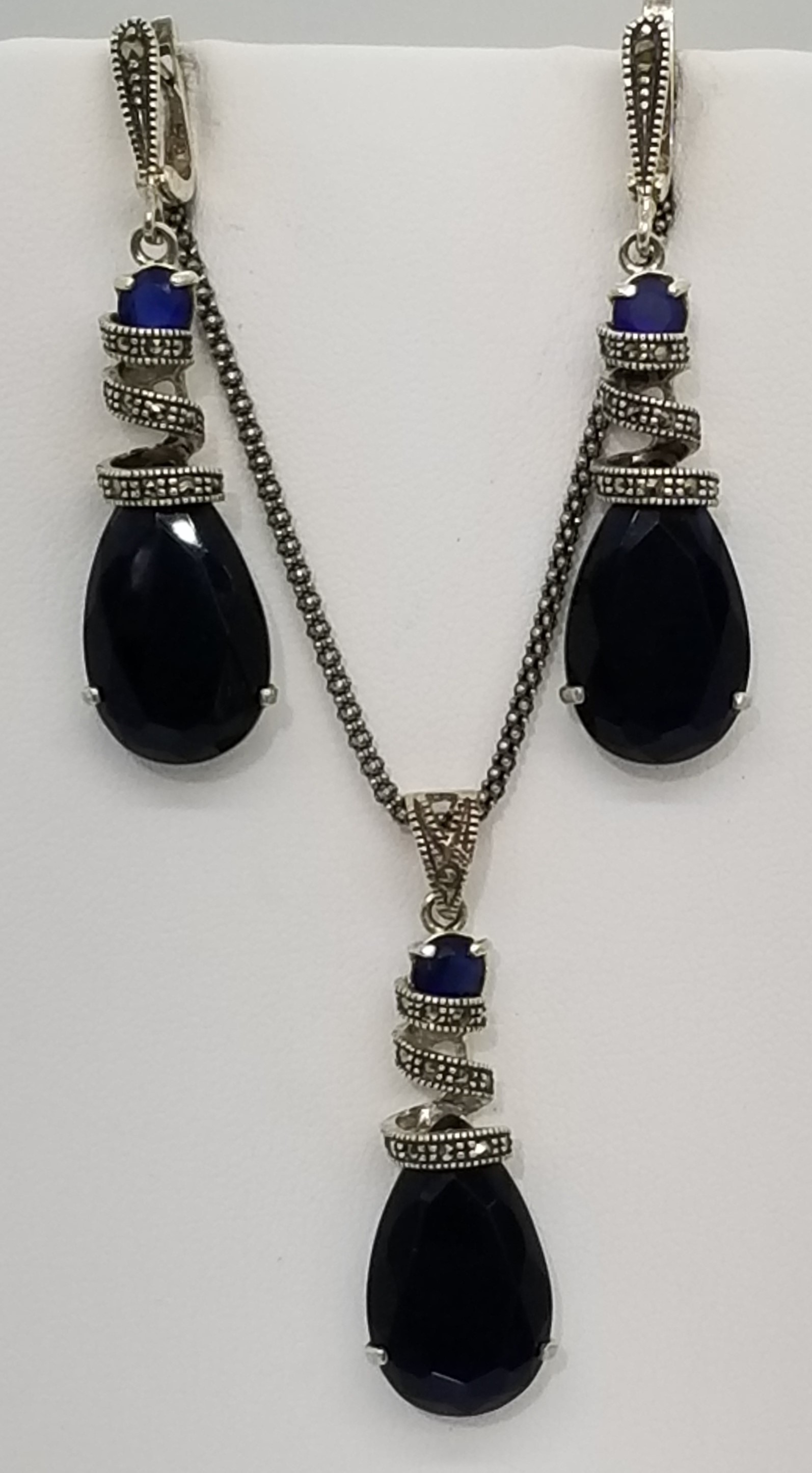Sterling Silver Sapphire Marcasite Pendant Necklace & Earrings Set 