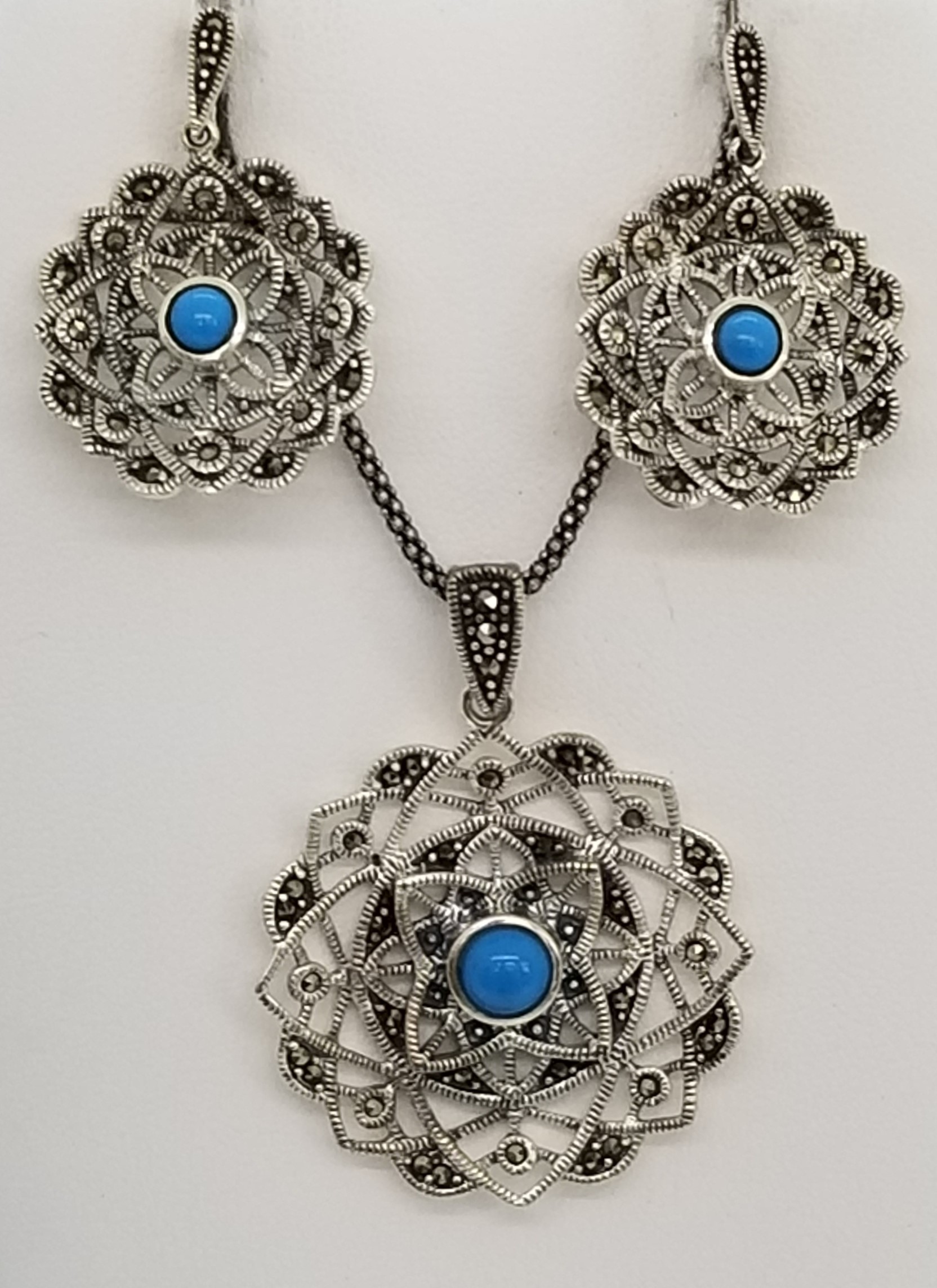 Sterling Silver Turquoise Marcasite Pendant Necklace & Earrings Set 