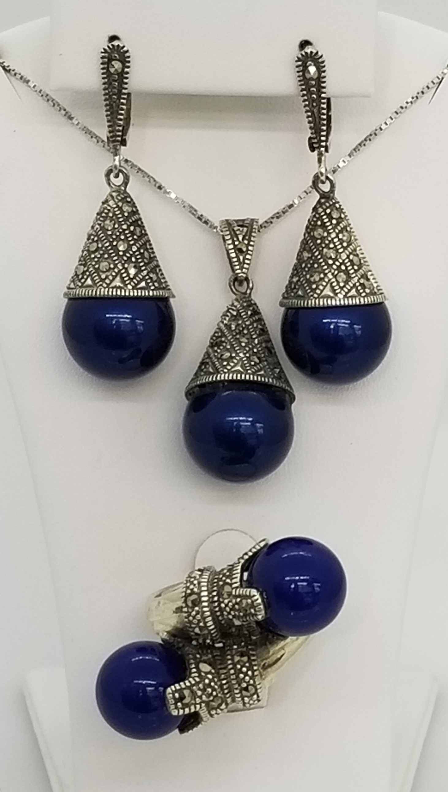 Sterling Silver Blue Marcasite Pendant Necklace Earrings & Ring Set 