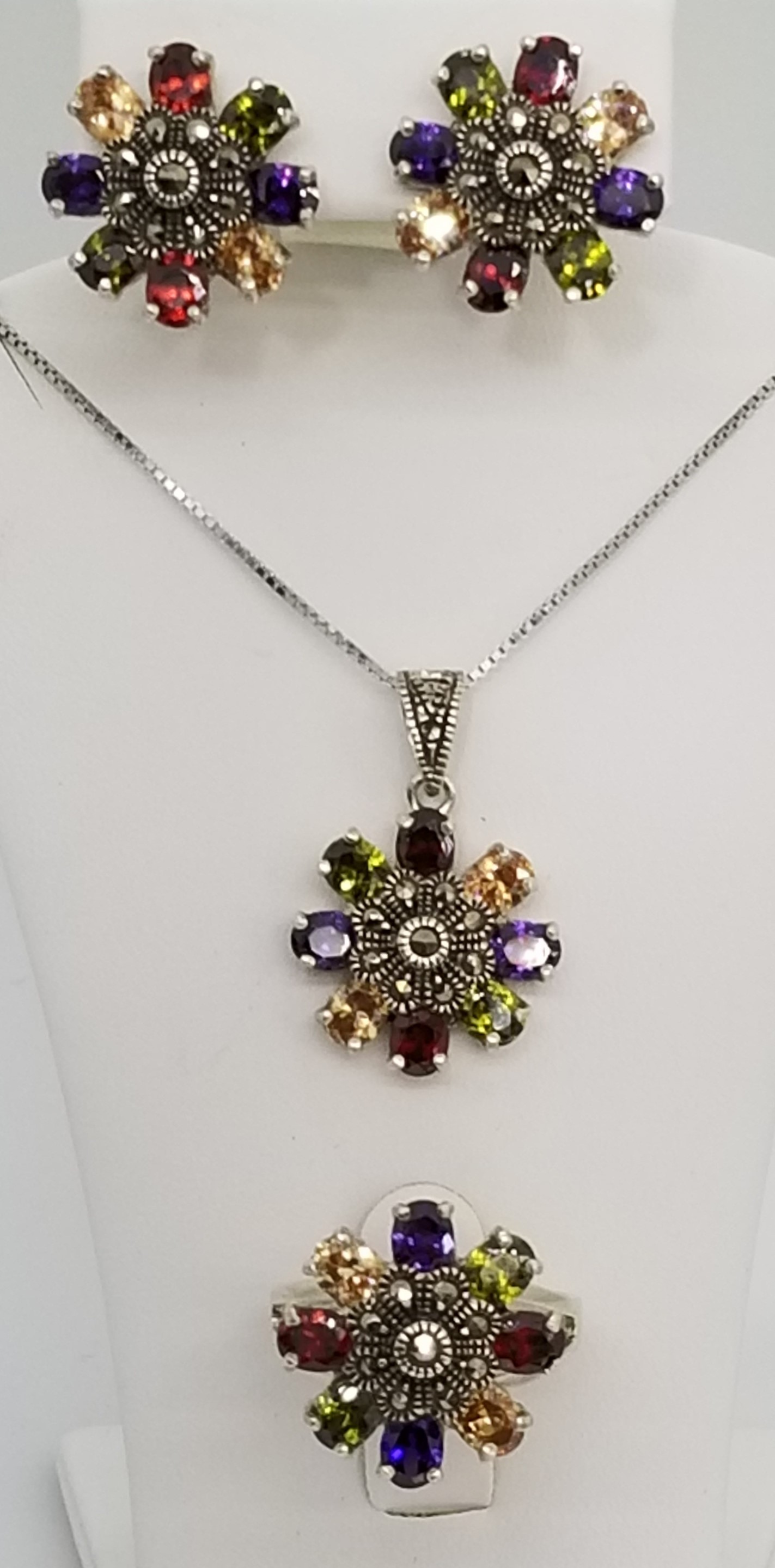 Sterling Silver Multicolor Marcasite Pendant Necklace Earrings & Ring Set 