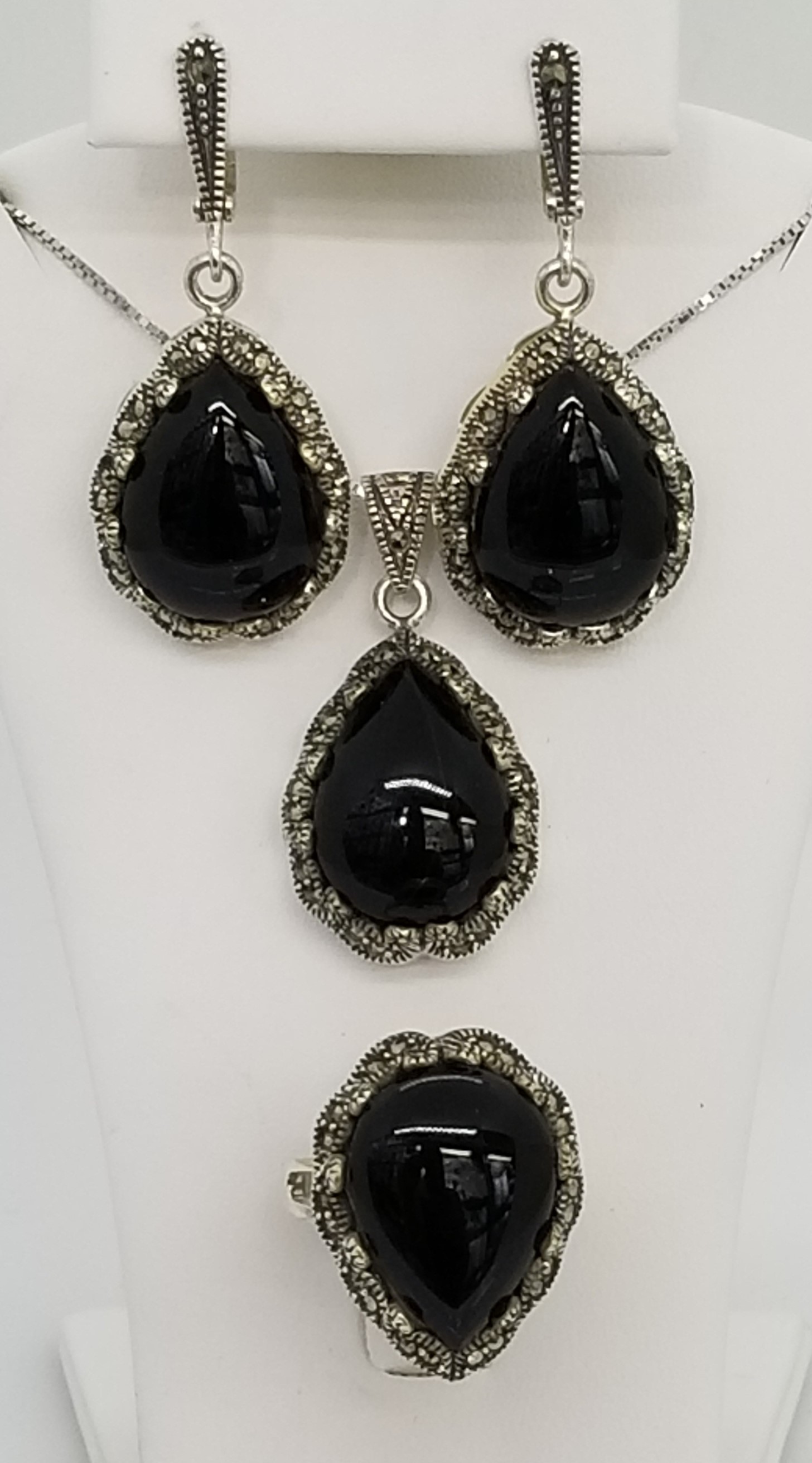 Sterling Silver Black Onyx Marcasite Pendant Necklace Earrings & Ring Set 