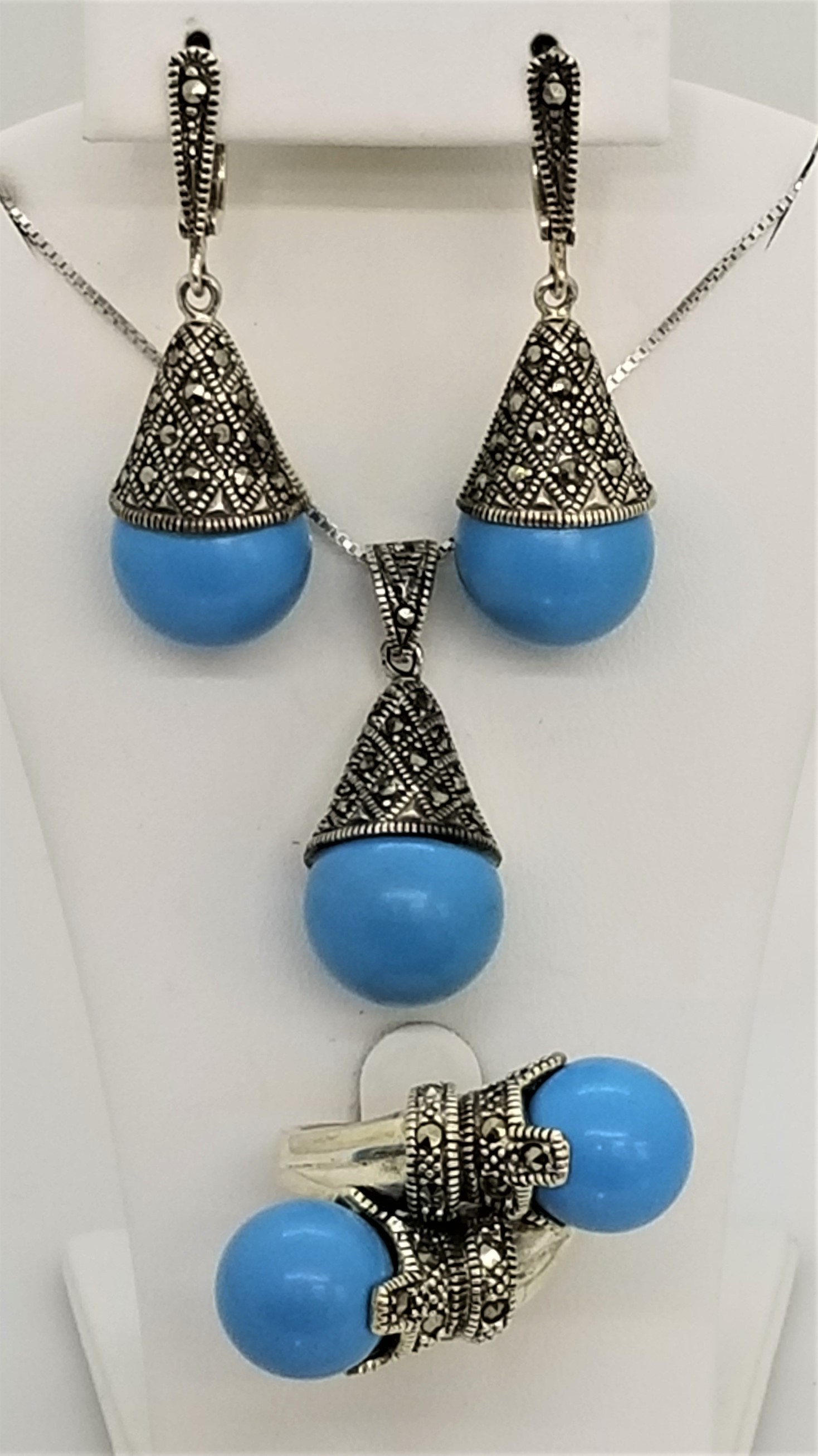 Sterling Silver Turquoise Marcasite Pendant Necklace Earrings & Ring Set 