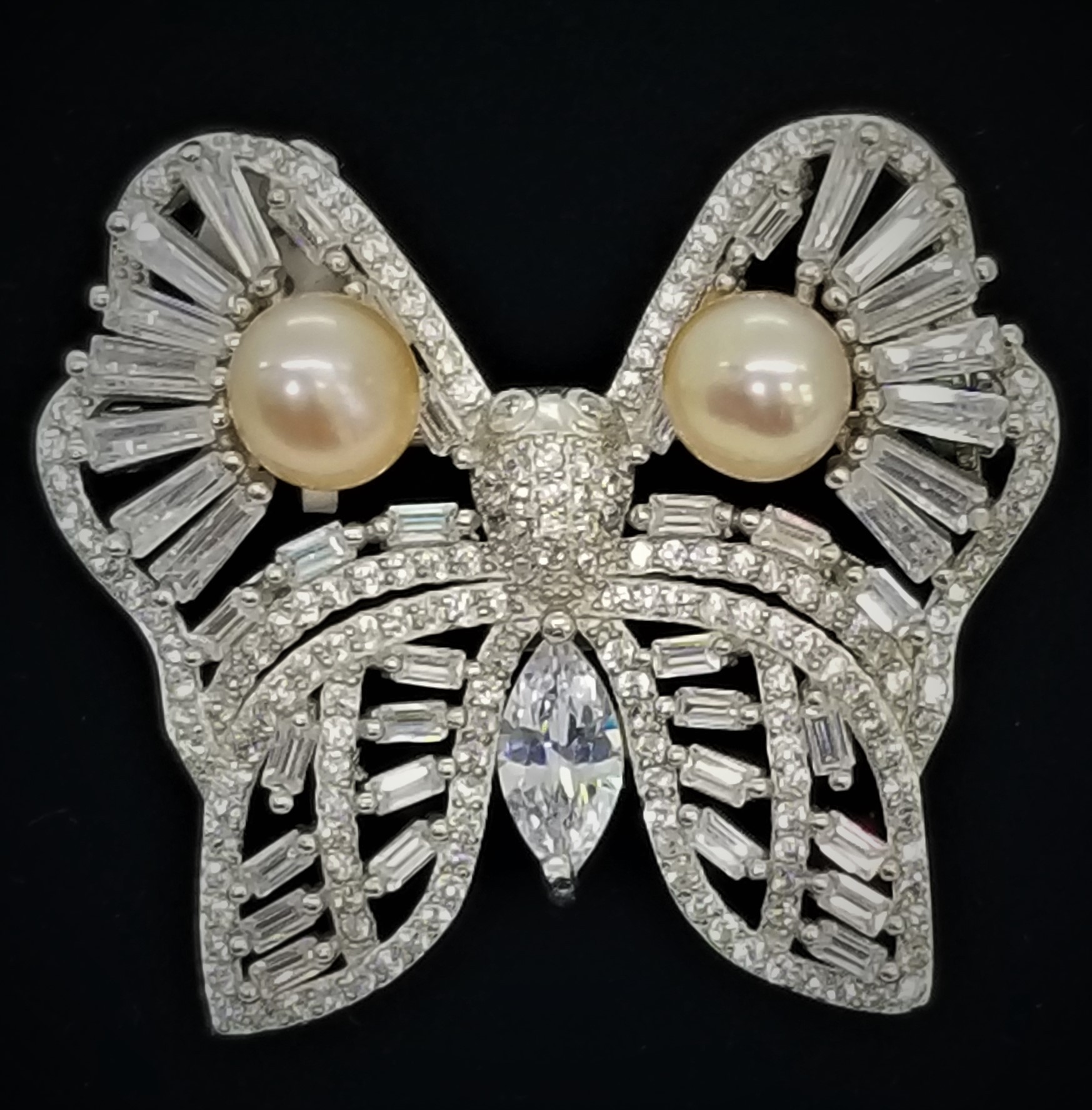 925 Sterling Silver Butterfly Brooch With CZ and Pearl