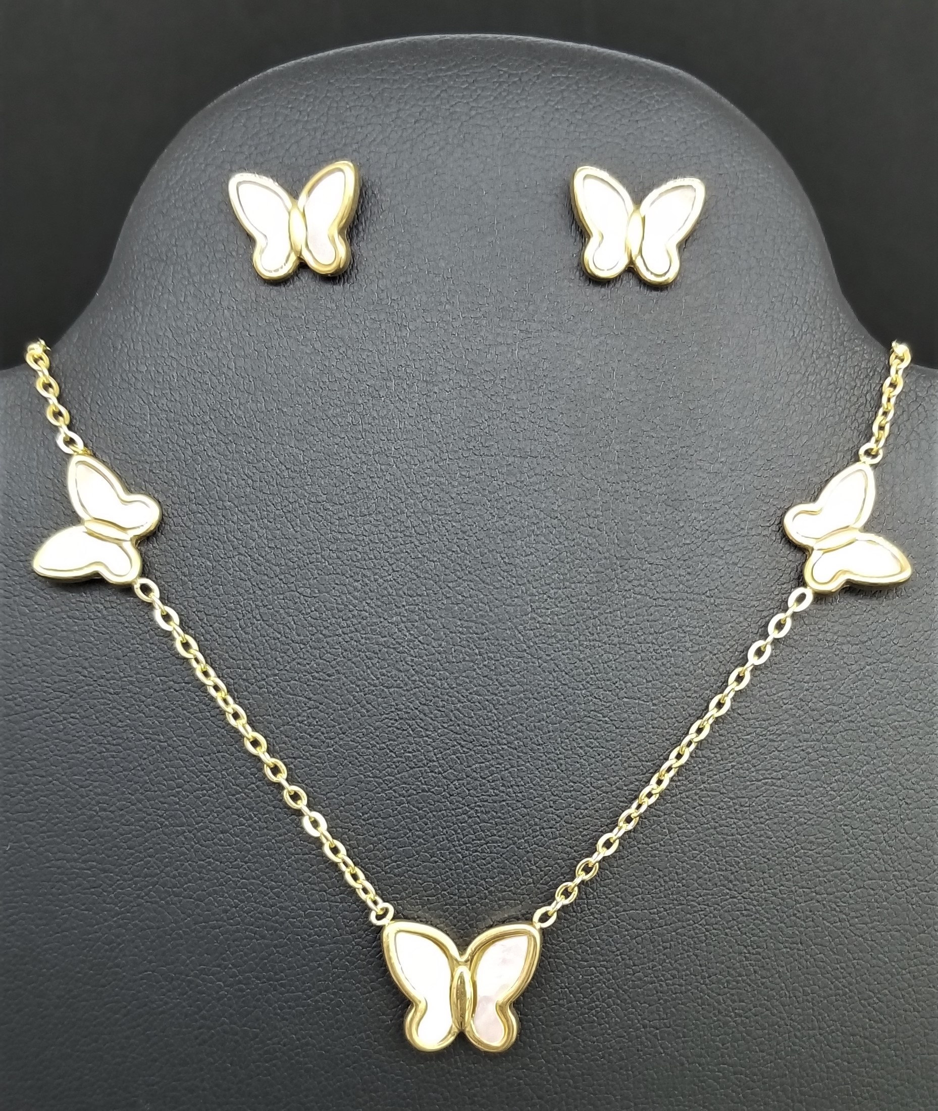 Stainless Steel Yellow Gold Plated Pearl Butterfly Necklace & Earrings Set 