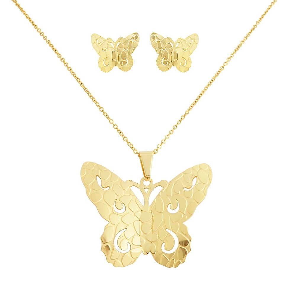 Stainless Steel Yellow Gold Plated Butterfly Necklace & Earrings Set 