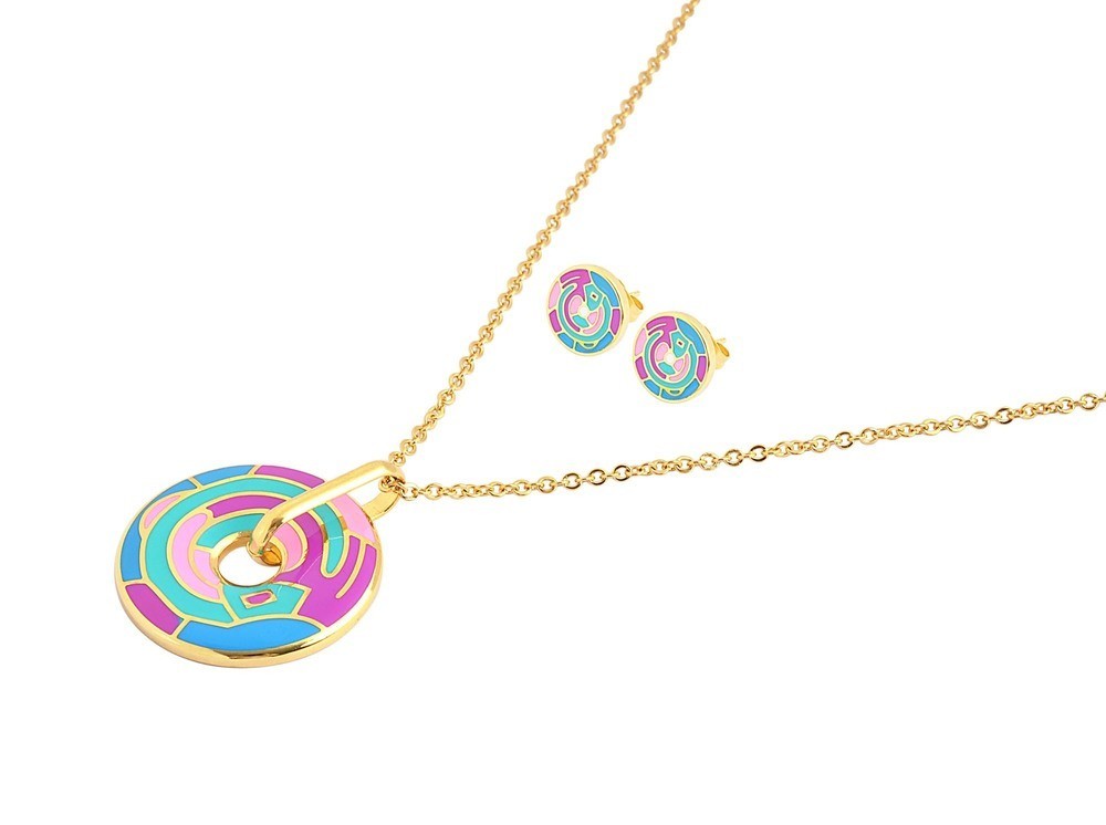 Stainless Steel Yellow Gold Plated Multicolor Necklace & Earrings Set 