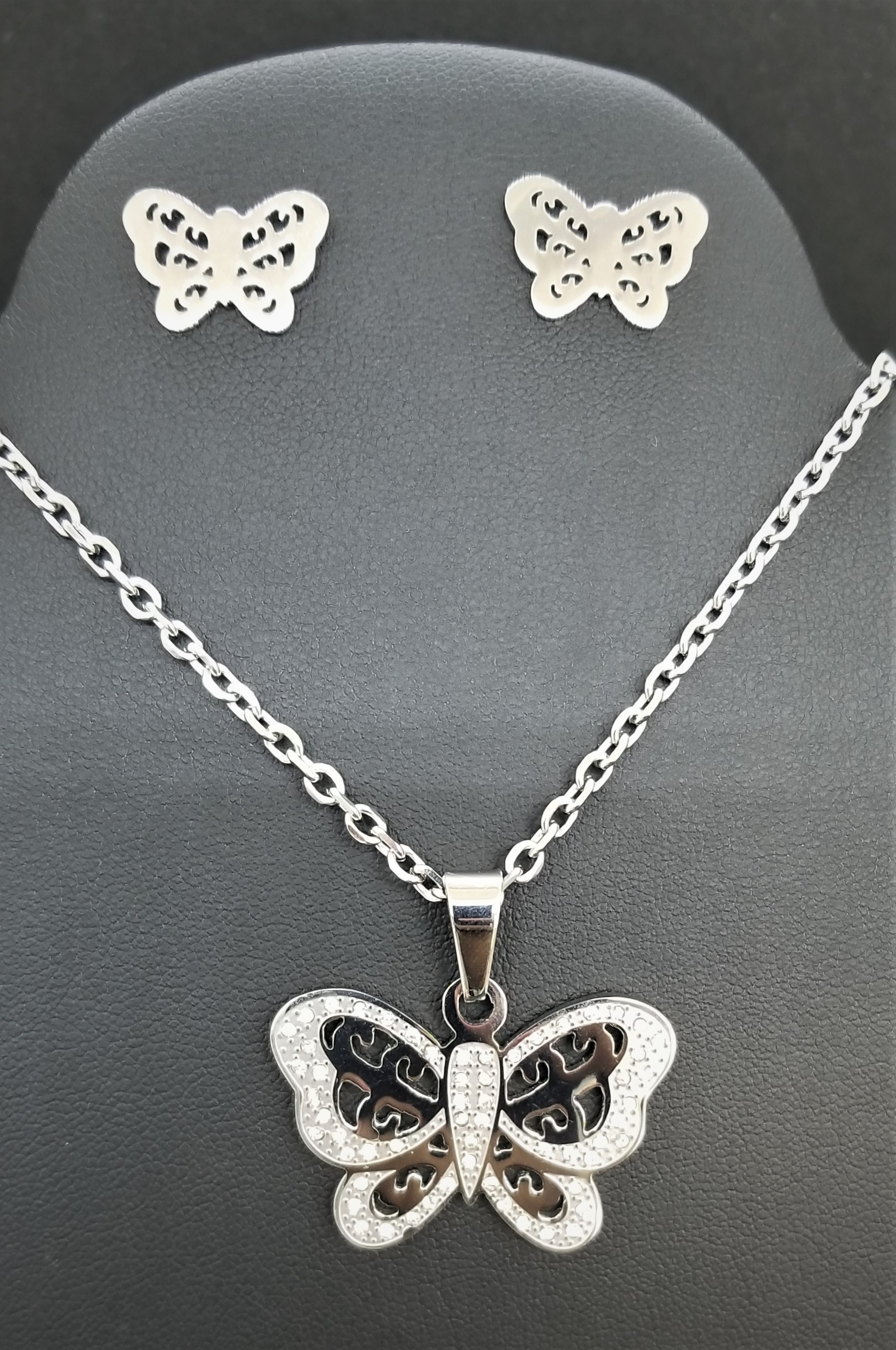 Stainless Steel Butterfly CZ Necklace & Earrings Set 